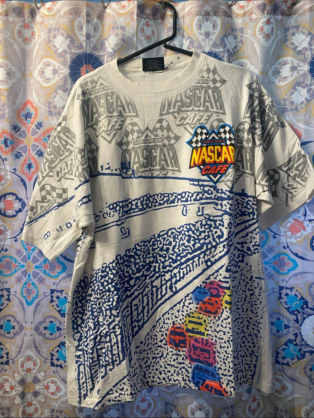 Nascar White Short Sleeve Tee with Blue Track and Multicolor Car Accents